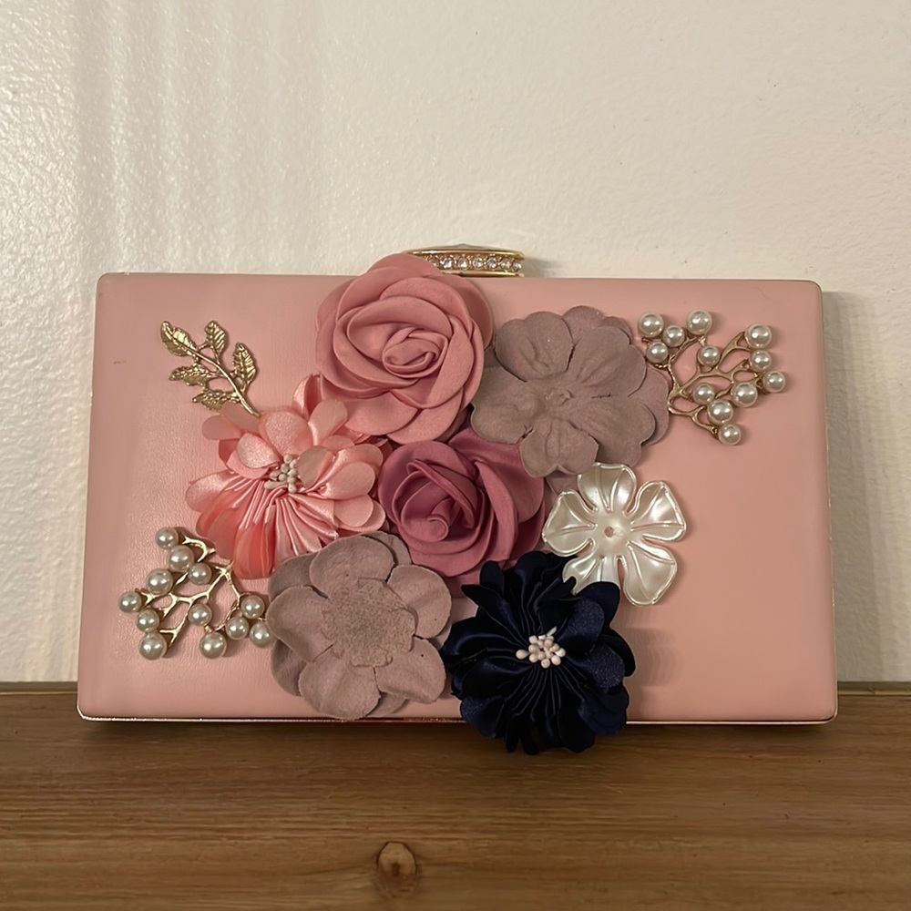 Pink Floral Clutch • Missing Center Rhinestones on Flowers